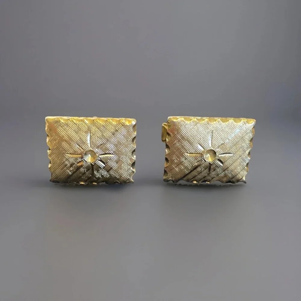 Gold Tone Starburst Pattern Bullet Back Cufflink Vintage 6/8 x 5/8 Rectangular